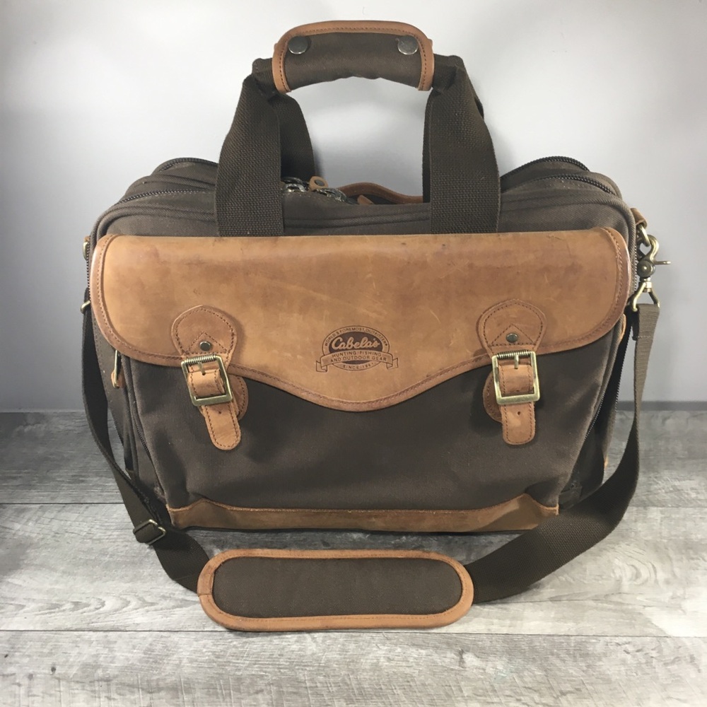 Cabela’s Green Canvas Leather Laptop Messenger Weekender Luggage Shoulder Bag